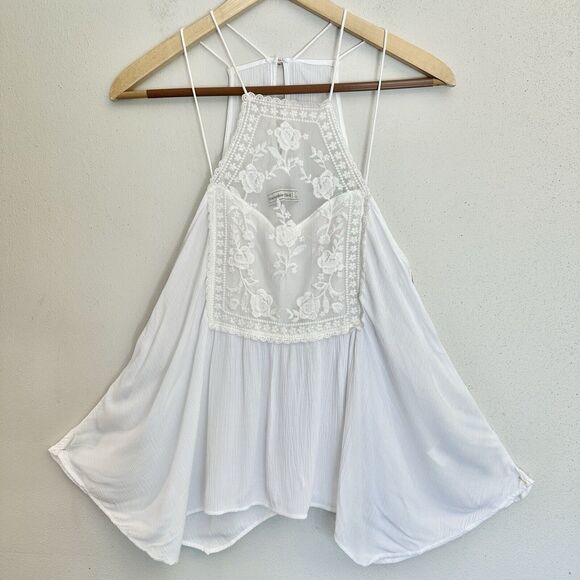 Abercrombie & Fitch White Lace Crinkle summer loose tank top shirt S‎ - Picture 1 of 13